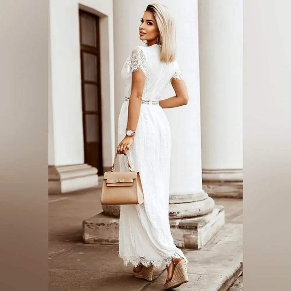 LAST ONE! White Lace Boho V Neck Maxi Dress - Picture 2 of 7